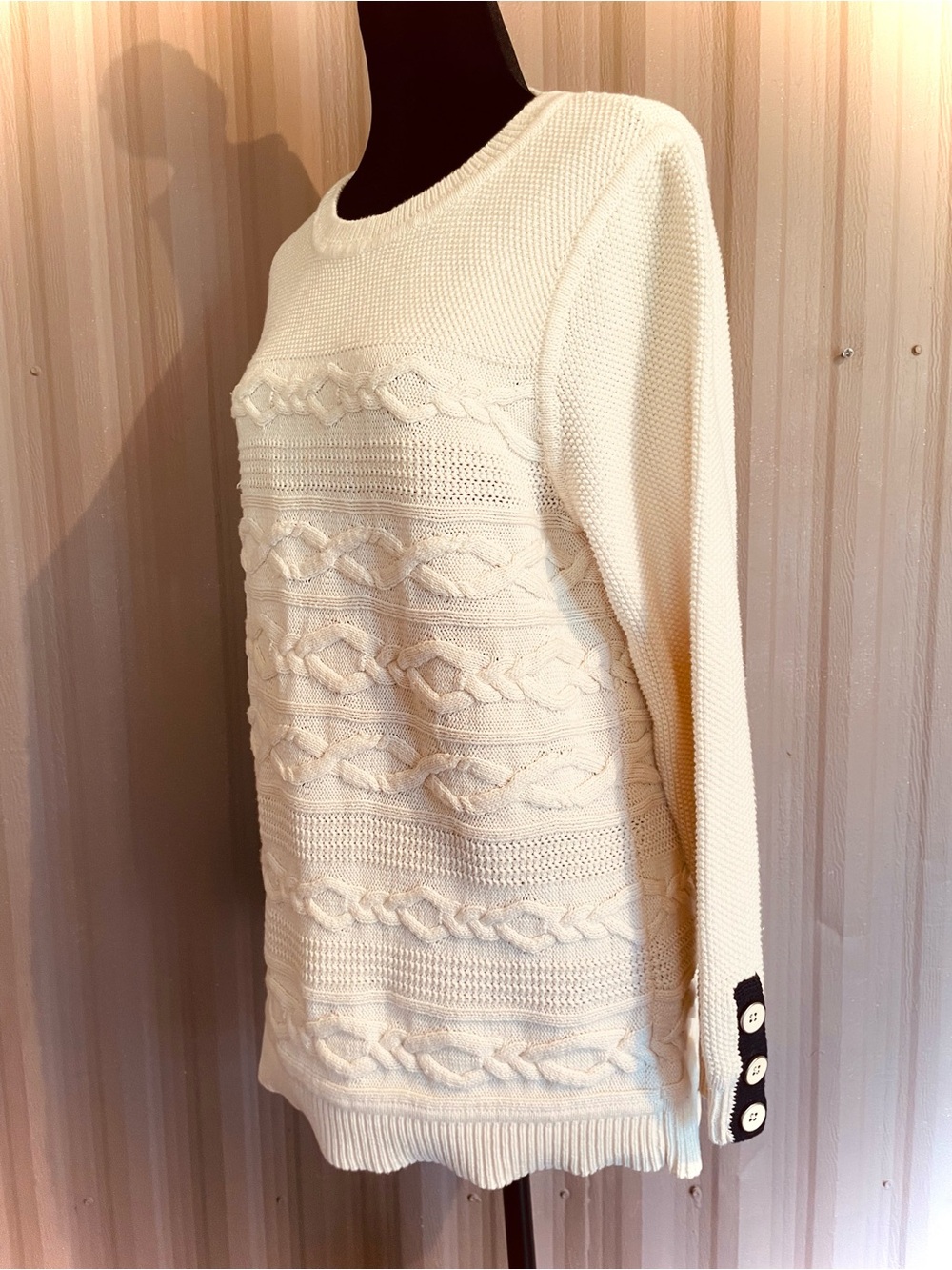 Talbots Ivory Cable Knit Fisherman's Sweater Cuff Detail Coastal Nautical XL